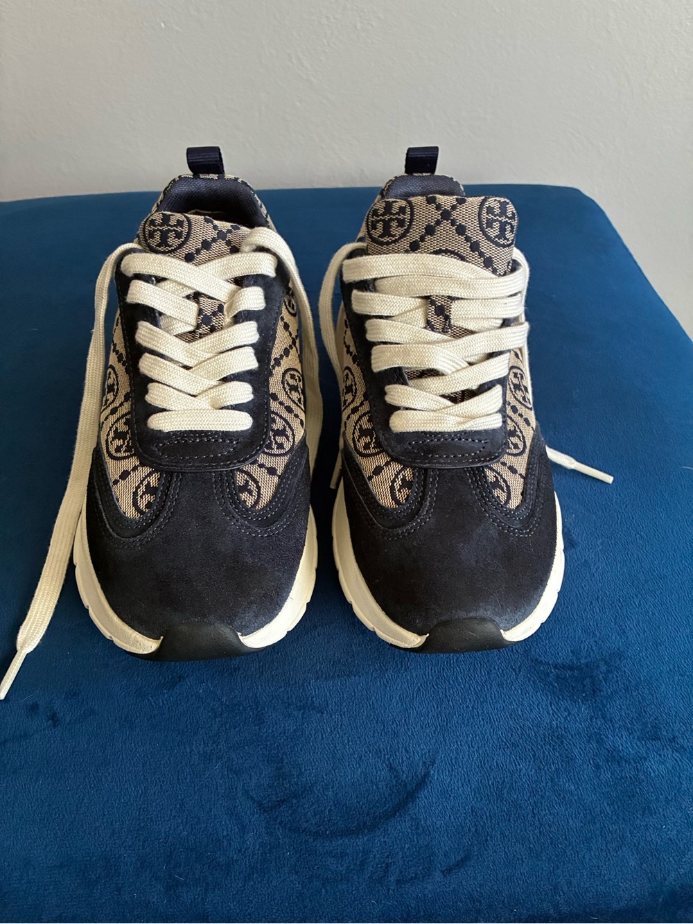 Tory Burch Navy and Cream Logo-Print Kids Sneakers